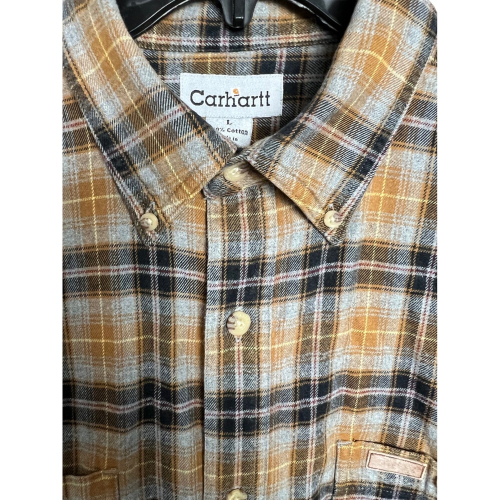 Carhartt Plaid Flannel Button Down Mens Large Brown Long Sleeve Work Shirt F06 - Picture 10 of 12